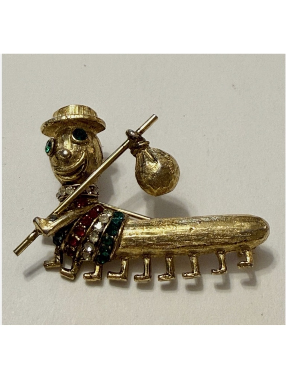 Vintage Jeanne Hobo Caterpillar Brooch Pin Goldtone w/ Colorful Rhinestones